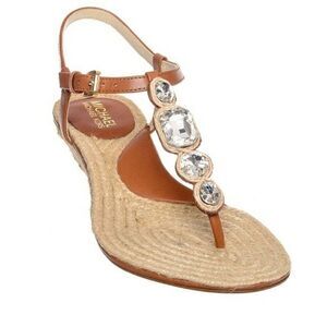 New! MICHAEL KORS Women's Rhinestone T-Strap Espadrille Sandals Size 8 Brown